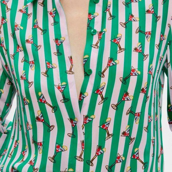Alice & Olivia Willa Silk Shirt Martini Print Pale Pink & Green Stripes - Large - Picture 2 of 7